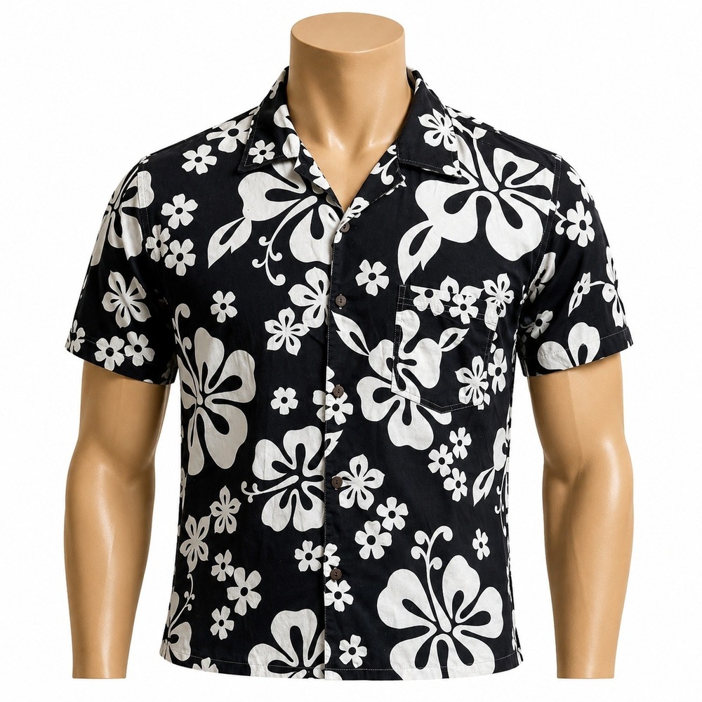 Gotcha Sport Mens Black White Floral Hibiscus Hawaiian Shirt Large Cotton